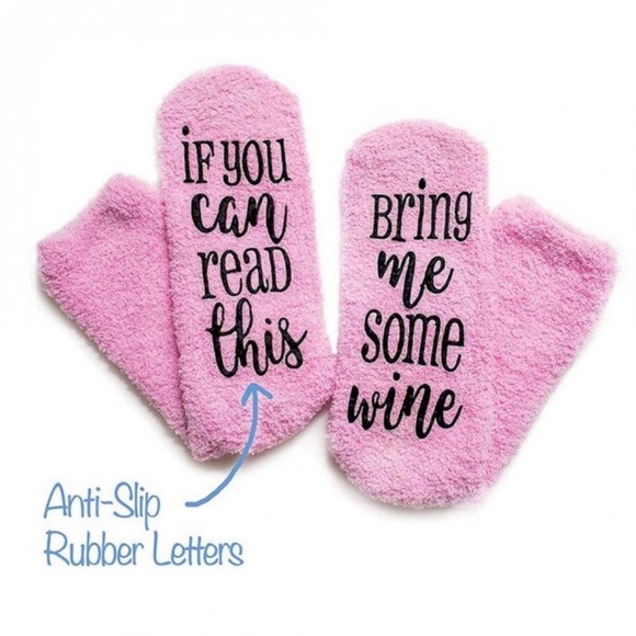 โBring Me Some Wineโ Fuzzy Pink Novelty Socks - Picture 2 of 6